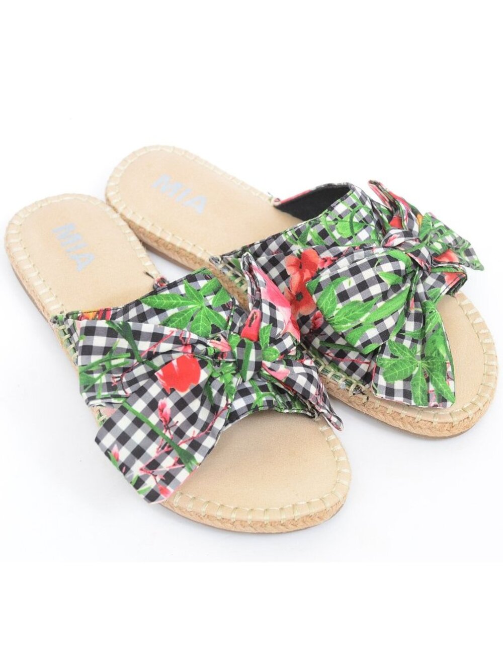 MIA Brenda Women 8 Floral Gingham Print Knotted Bow Espadrille Slide Sandal